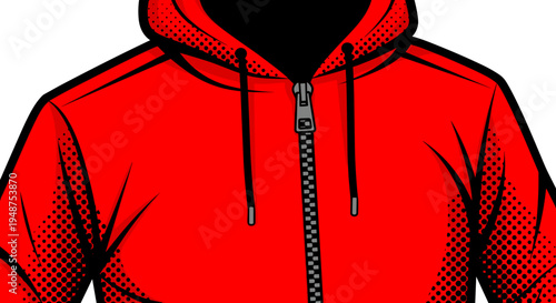 Vibrant red hoodie with detailed zipper and drawstrings, bold graphic style on white background