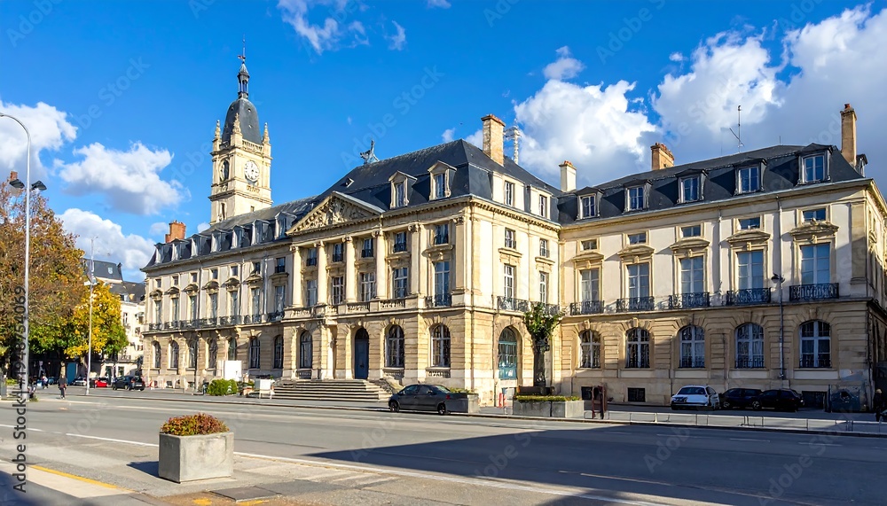 Fototapeta premium A large, tan-colored building with a clock tower on a sunny day