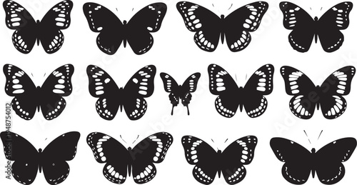 Collection of black and white butterfly silhouettes on white