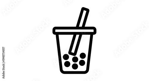 Minimalist black and white illustration of a bubble tea cup with tapioca pearls and straw, simple line art style on white background