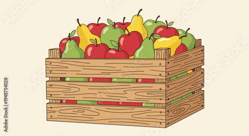 Colorful illustration of a wooden crate filled with assorted fruit, depicting a bountiful harvest with apples and pears on a beige background