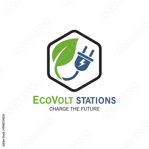 Hexagon with leaf and electric plug icon logo for green EV charging station EcoVolt Stations