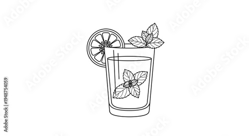 Line art illustration of a refreshing lemonade glass garnished with fresh mint leaves and a lemon slice, set against a simple white background