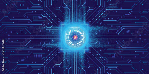 Exploding Quantum Chip With Glowing Atom Core On Neon Blue Circuit Board, Futuristic Technology Background For AI, Big Data And High Speed Computing