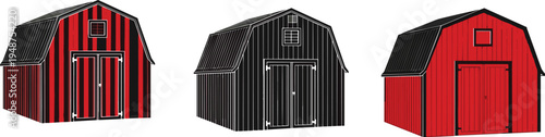 Red wooden farm barn vector illustration set with outline and colored styles, rural agriculture storage building icon collection