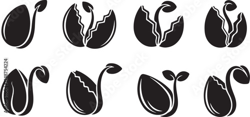 Sprouting seeds and seedlings in black and white illustration
