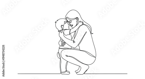 Continuous line art of mother hugging her child tenderly