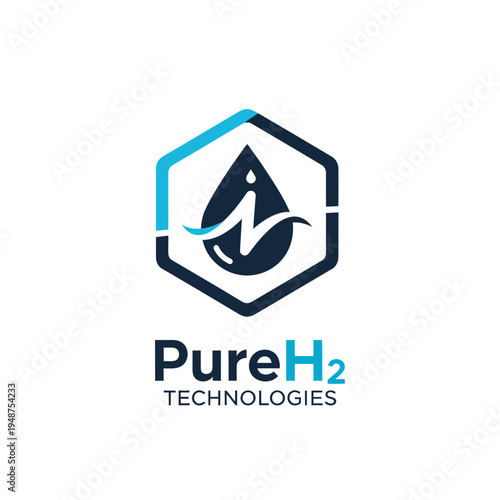 Hexagon frame with water drop icon logo for renewable hydrogen energy company PureH2 Technologies