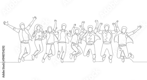 Continuous line drawing of a diverse group of people jumping