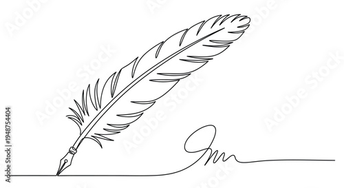 Continuous line art of a feather quill pen writing