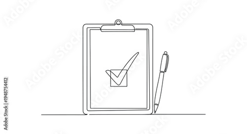 Checkmark on clipboard with pen, minimalist line art