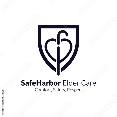 Shield with heart and walking cane icon for nursing home logo SafeHarbor Elder Care