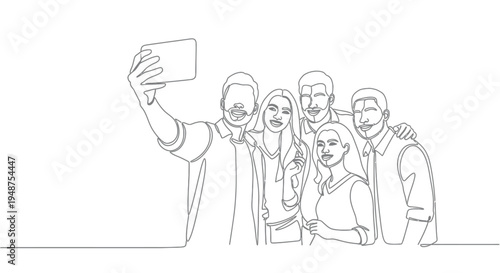 Group of Friends Taking a Selfie Together, Line Art Style