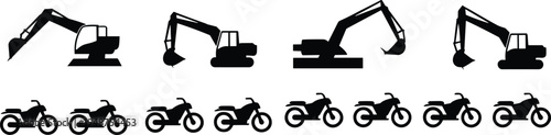 Excavator construction machines and motorcycle silhouettes collection, heavy equipment and motorbike transport icons vector illustration set