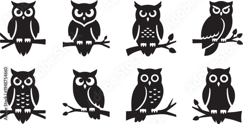 Collection of black owl silhouettes on white background