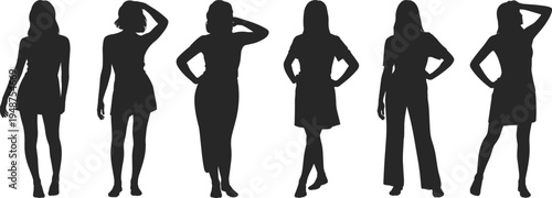Female silhouette poses collection, stylish woman standing and fashion model posture set, elegant lady vector illustration isolated