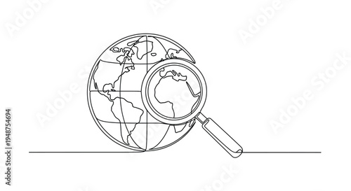 World map and magnifying glass in single line style