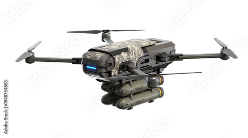 Fotografía Advanced military combat drone featuring sophisticated digital camouflage, carrying multiple underslung missiles