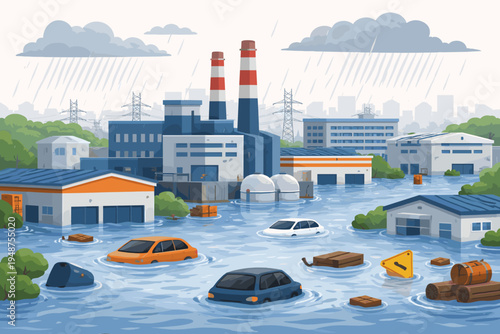 Flooded Industrial Zone with Submerged Cars and Warehouses under Heavy Rain, Vector Illustration of Natural Disaster, Climate Change Impact, and Urban Flooding in a Factory District Landscape