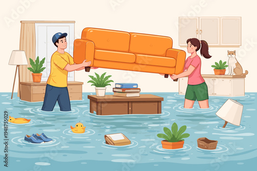 Couple lifting orange couch to save furniture from indoor flooding, husband and wife working together during natural disaster emergency in submerged home, flat vector cartoon illustration.
