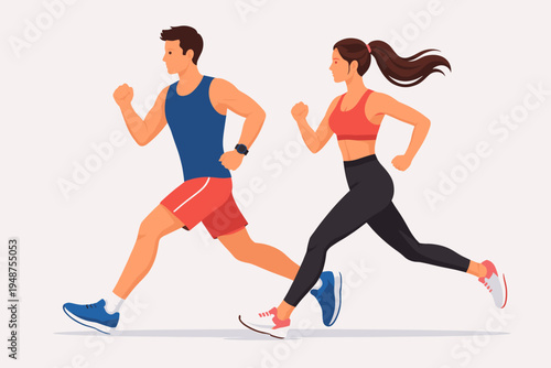 Flat Vector Illustration of a Young Athletic Man and Woman Running Together in Sportswear, Male and Female Joggers Exercising for Fitness and Healthy Lifestyle on a Clean Gray Background