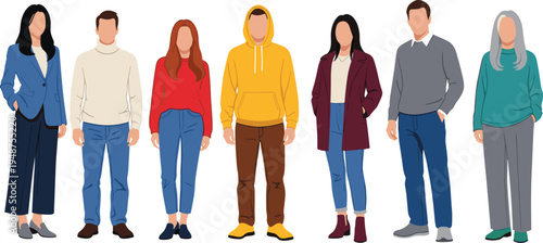 Diverse people characters collection, modern men and women standing figures, casual fashion lifestyle characters vector illustration isolated background
