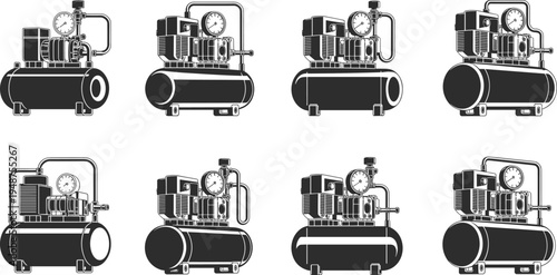 Industrial air compressor vector set, detailed machinery illustration collection, workshop pneumatic equipment icons, engineering mechanical pump system design