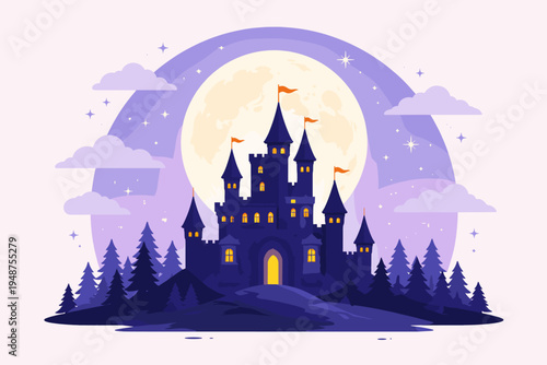 Magical dark blue castle at night with a large glowing full moon in the background, surrounded by pine trees, stars, and clouds in a flat vector fairytale fantasy landscape illustration.