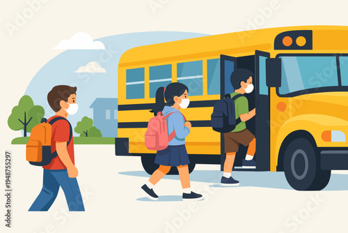 Children wearing protective face masks and backpacks boarding a yellow school bus for safety. Flat vector illustration of students going back to school during health pandemic precautions.