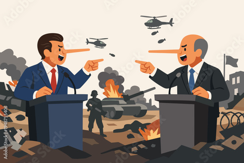 Vector illustration of two lying politicians with long noses debating at podiums against a war battlefield background with tanks, helicopters, and explosions; political propaganda and conflict.