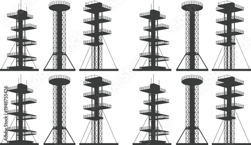 Industrial tower scaffolding structures vector set, construction platforms, observation towers, engineering blueprint silhouettes, isolated industrial framework design collection