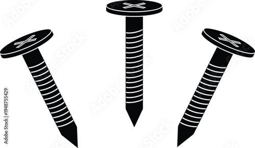 Metal screw fastener vector illustration, construction hardware bolt icons set, industrial fixing tool equipment design collection