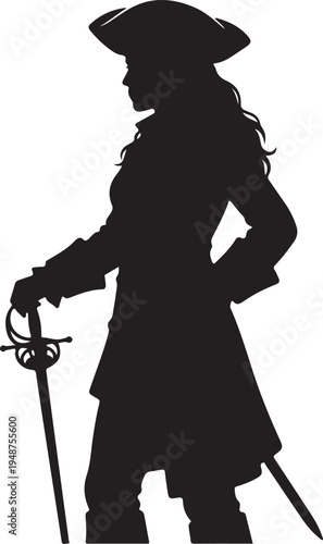 Female Pirate Silhouette with Sword and Tricorne Hat on White