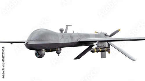 A detailed 3D render of a military unmanned aerial vehicle (UAV) with mounted missiles.