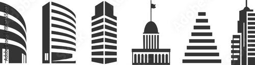 Modern city skyscraper vector icon set, urban architecture buildings collection, commercial office tower skyline illustration design