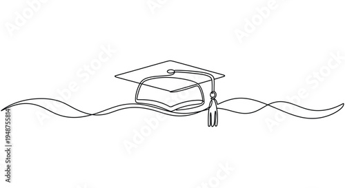 Graduation cap with tassel on wavy line, single line art