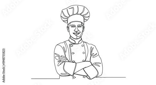 Smiling chef with arms crossed, single line illustration