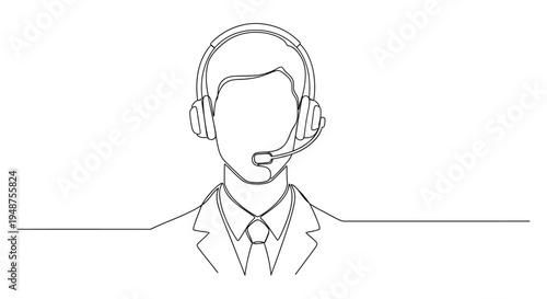 Call center operator with headset, single line art