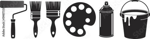 Painting tools silhouette set with roller brushes palette spray can and paint bucket, decorating equipment vector illustration