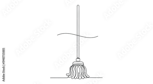 Mop with wavy water line, cleaning concept, single line art