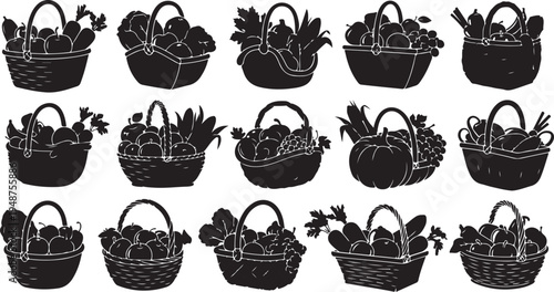 Black and white illustration of various wicker shopping baskets