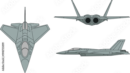Modern fighter jet aircraft vector illustration, military combat airplane top side rear views, aviation technology design