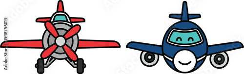 Cute cartoon airplane and propeller plane vector illustration set featuring a friendly blue jet and red vintage aircraft isolated icons.
