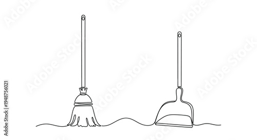 Broom and dustpan set, cleaning tools, single line art