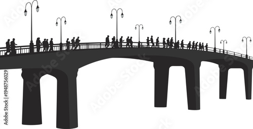 Pedestrian bridge silhouette with people walking and street lamps, urban walkway architecture scene vector illustration isolated