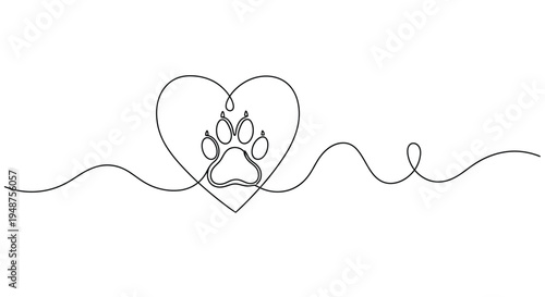 Paw Print Heart Line Art - Love for Pets and Animals