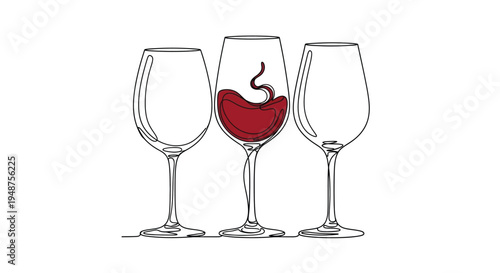 Three Wine Glasses, One Filled with Red Wine