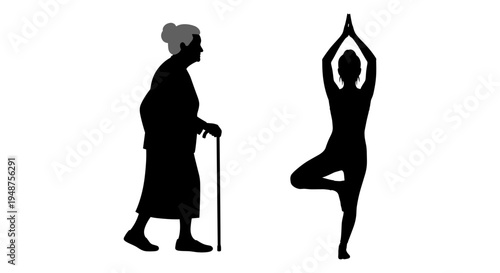 Contrast between elderly mobility aid use and youthful yoga practice for health and flexibility. Vector, illustration