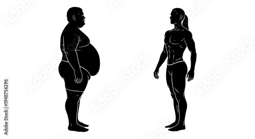 Comparison of body shapes between an obese and a lean individual silhouette Vector, illustration