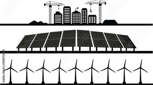 Renewable energy and urban construction silhouettes with solar panels wind turbines and cranes, sustainable city development concept illustration